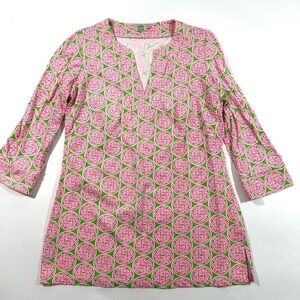 Katherine Way Geometric Print Tunic Shirt Green Pink